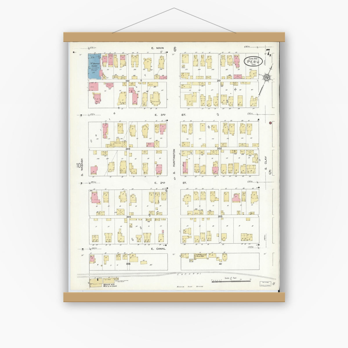 Old map wall art mockup — magnetic wood frame on white wall — Sanborn Fire Insurance Map from Peru, Miami County, Indiana (1912), Sheet #0007