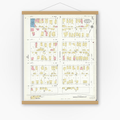 Old map wall art mockup — magnetic wood frame on white wall — Sanborn Fire Insurance Map from Peru, Miami County, Indiana (1912), Sheet #0007