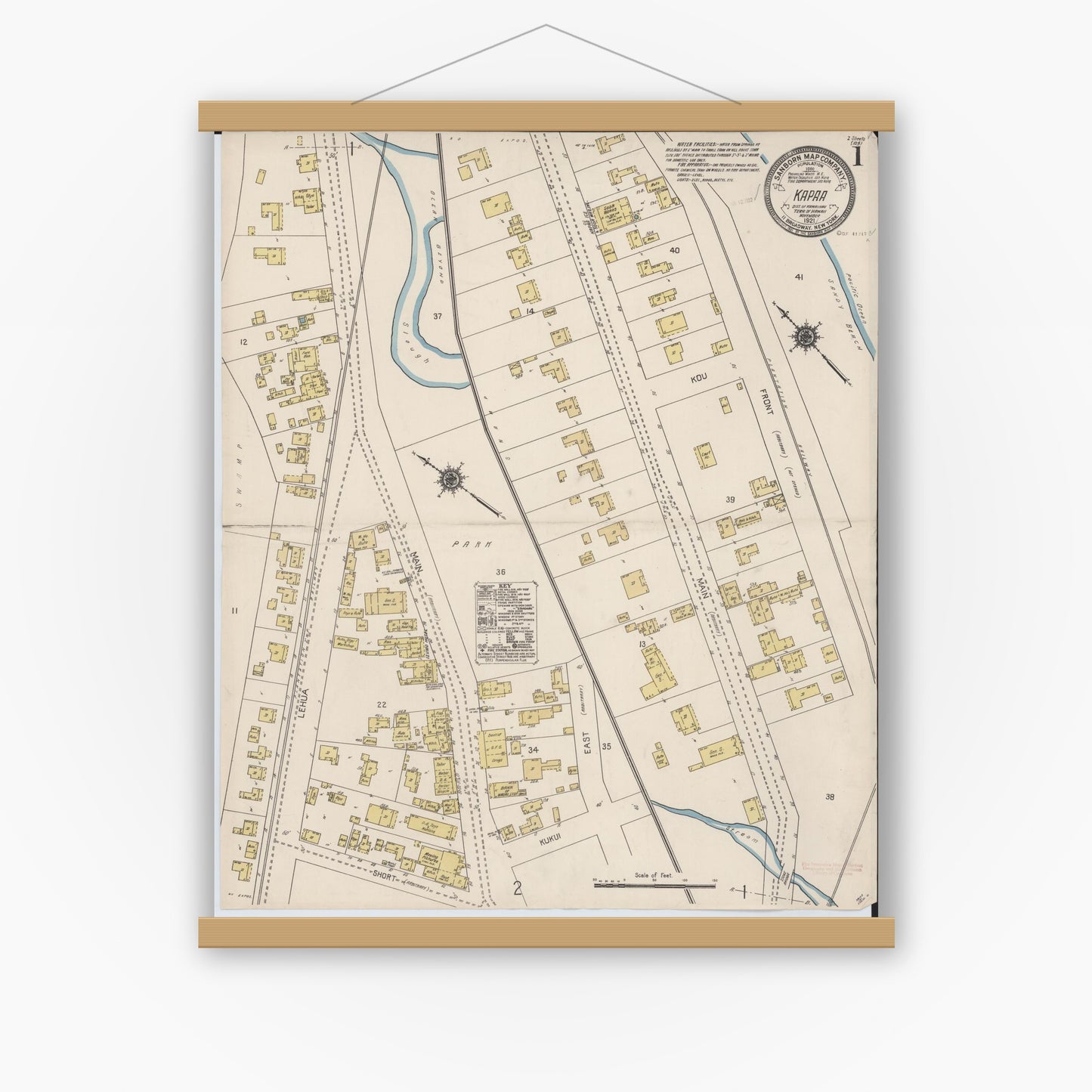 Old map wall art mockup — magnetic wood frame on white wall — Sanborn Fire Insurance Map from Kapaa, Kauai County, Hawaii (1921), Sheet #0001