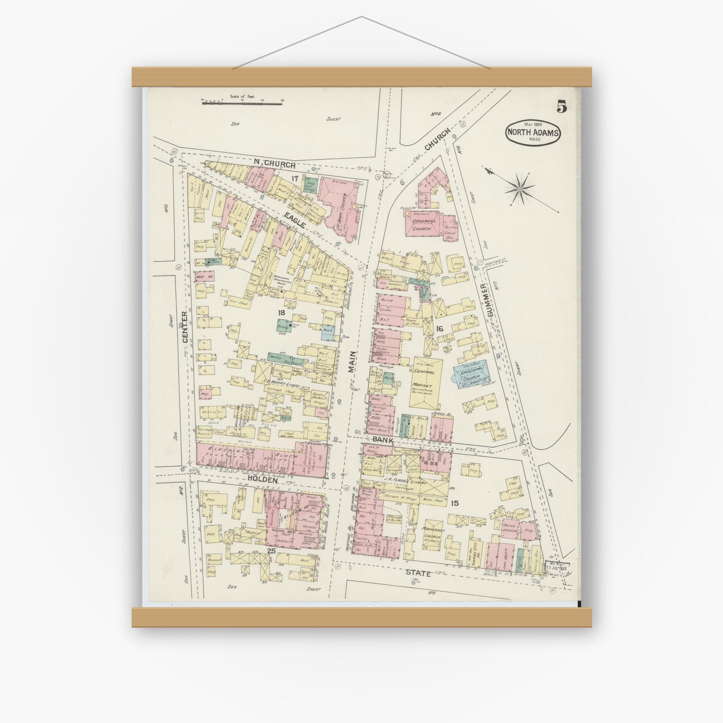 Old map wall art mockup — magnetic wood frame on white wall — Sanborn Fire Insurance Map from North Adams, Berkshire County, Massachusetts (1888), Sheet #0005