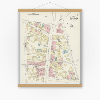 Old map wall art mockup — magnetic wood frame on white wall — Sanborn Fire Insurance Map from North Adams, Berkshire County, Massachusetts (1888), Sheet #0005