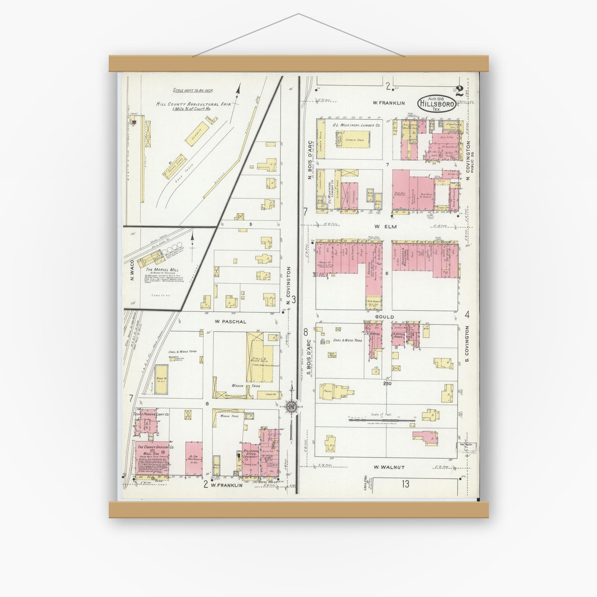 Old map wall art mockup — magnetic wood frame on white wall — Sanborn Fire Insurance Map from Hillsboro, Hill County, Texas (1918), Sheet #0002