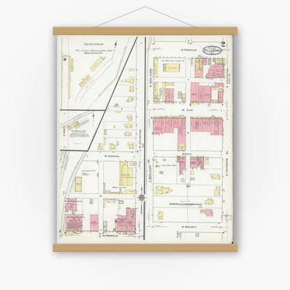 Old map wall art mockup — magnetic wood frame on white wall — Sanborn Fire Insurance Map from Hillsboro, Hill County, Texas (1918), Sheet #0002