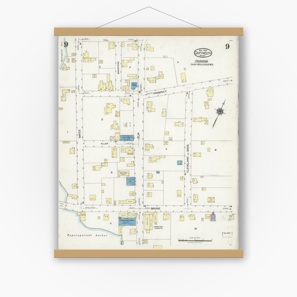 Old map wall art mockup — magnetic wood frame on white wall — Sanborn Fire Insurance Map from Dartmouth, Bristol County, Massachusetts (1924), Sheet #0009