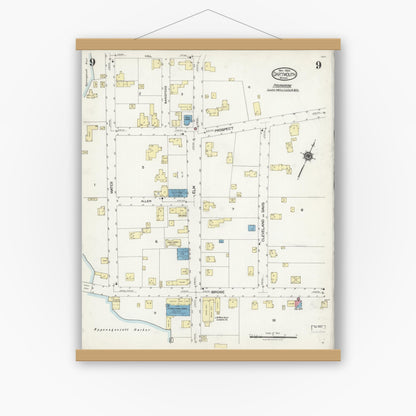 Old map wall art mockup — magnetic wood frame on white wall — Sanborn Fire Insurance Map from Dartmouth, Bristol County, Massachusetts (1924), Sheet #0009