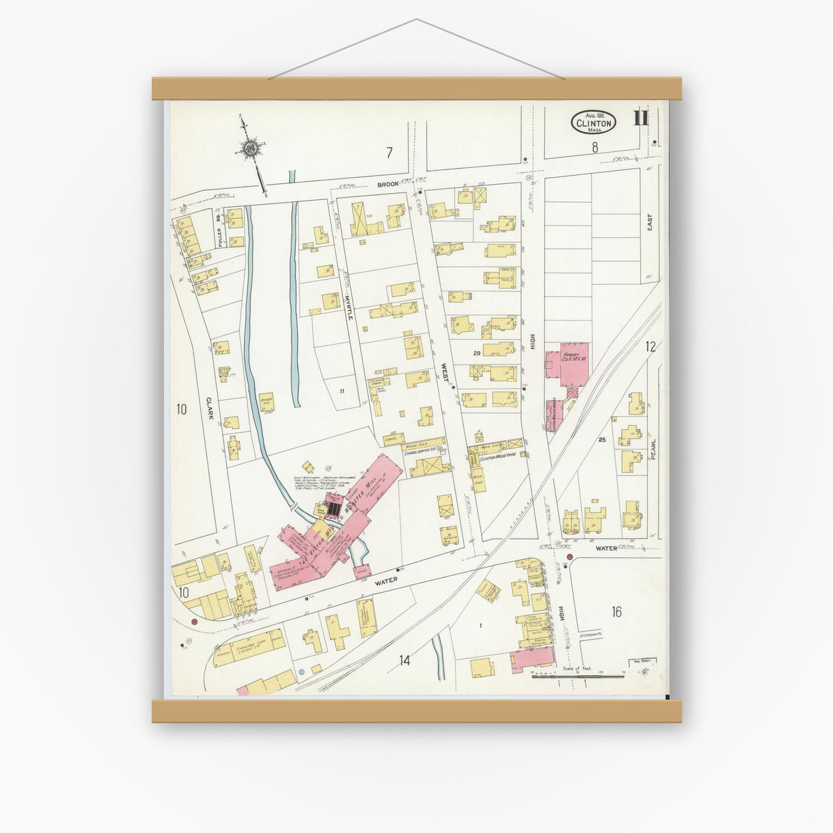 Old map wall art mockup — magnetic wood frame on white wall — Sanborn Fire Insurance Map from Clinton, Worcester County, Massachusetts (1911), Sheet #0011