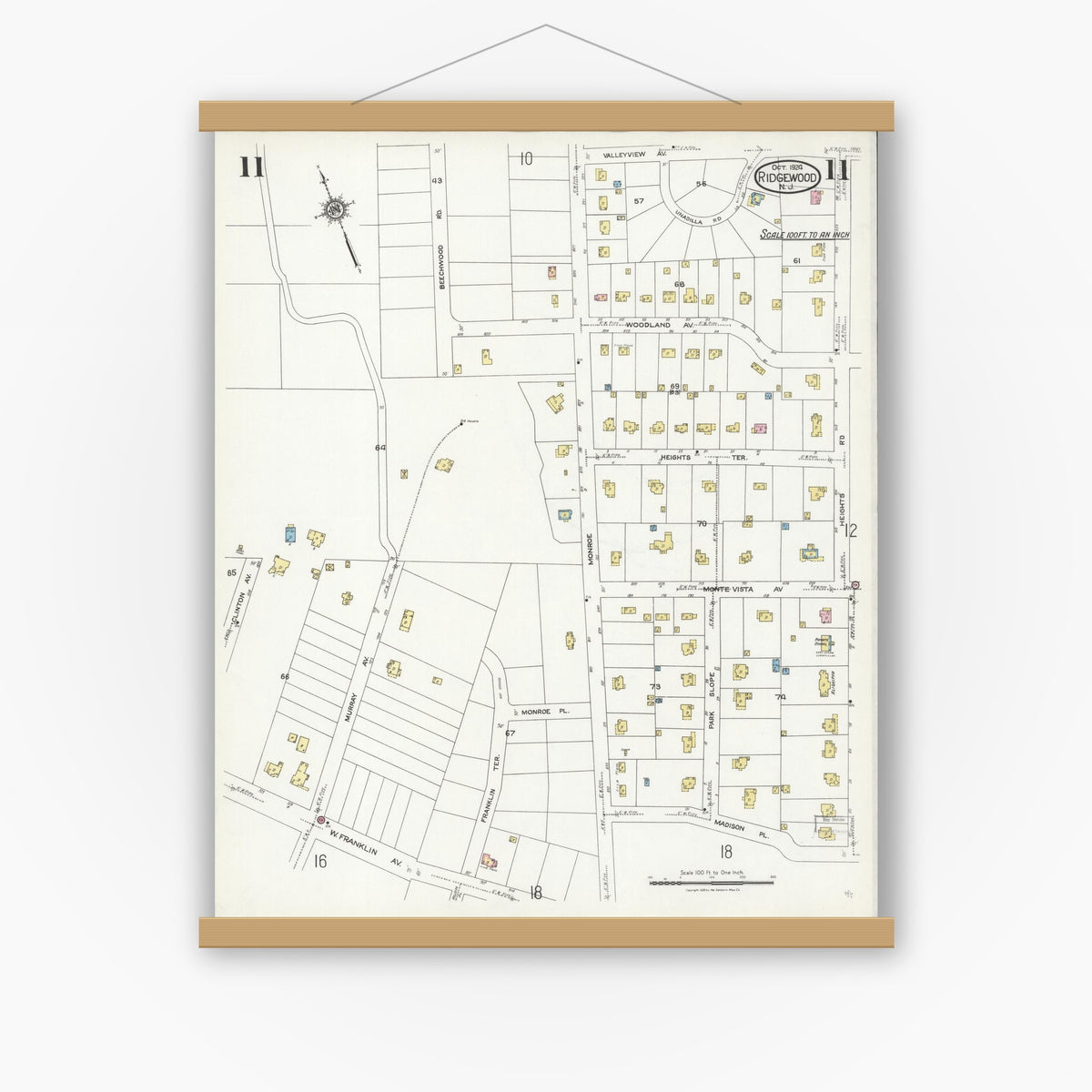 Old map wall art mockup — magnetic wood frame on white wall — Sanborn Fire Insurance Map from Ridgewood, Bergen County, New Jersey (1924), Sheet #0011