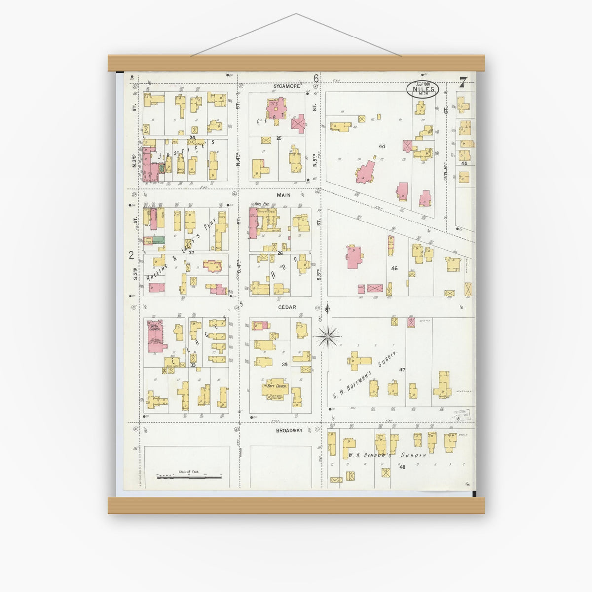 Old map wall art mockup — magnetic wood frame on white wall — Sanborn Fire Insurance Map from Niles, Berrien County, Michigan (1900), Sheet #0007