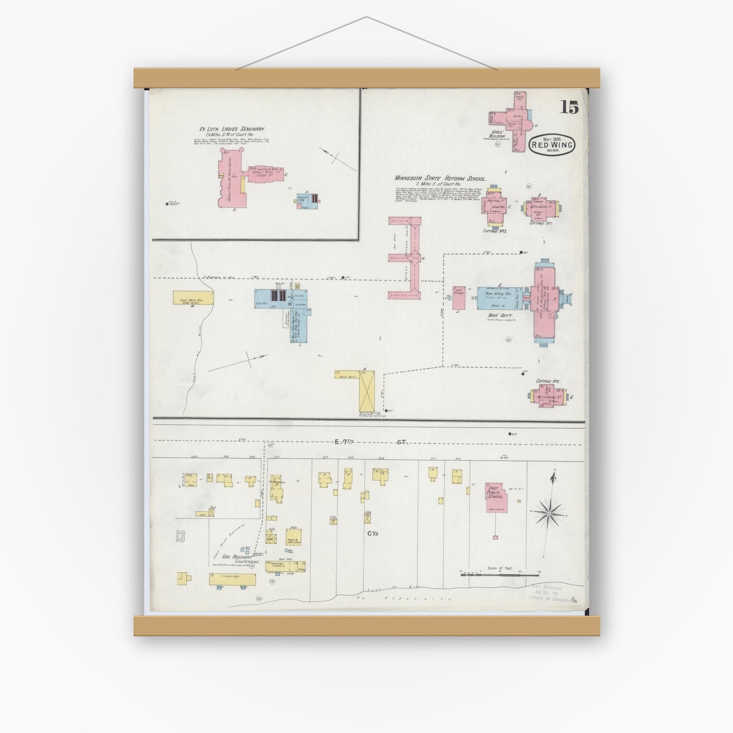 Old map wall art mockup — magnetic wood frame on white wall — Sanborn Fire Insurance Map from Red Wing, Goodhue County, Minnesota (1895), Sheet #0015
