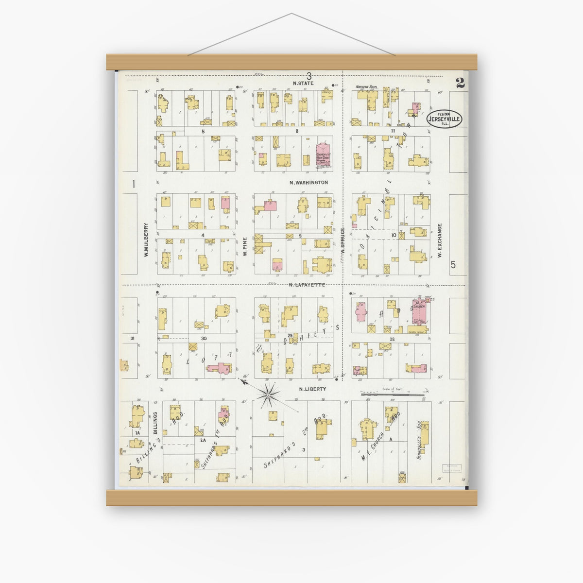 Old map wall art mockup — magnetic wood frame on white wall — Sanborn Fire Insurance Map from Jerseyville, Jersey County, Illinois (1900), Sheet #0002
