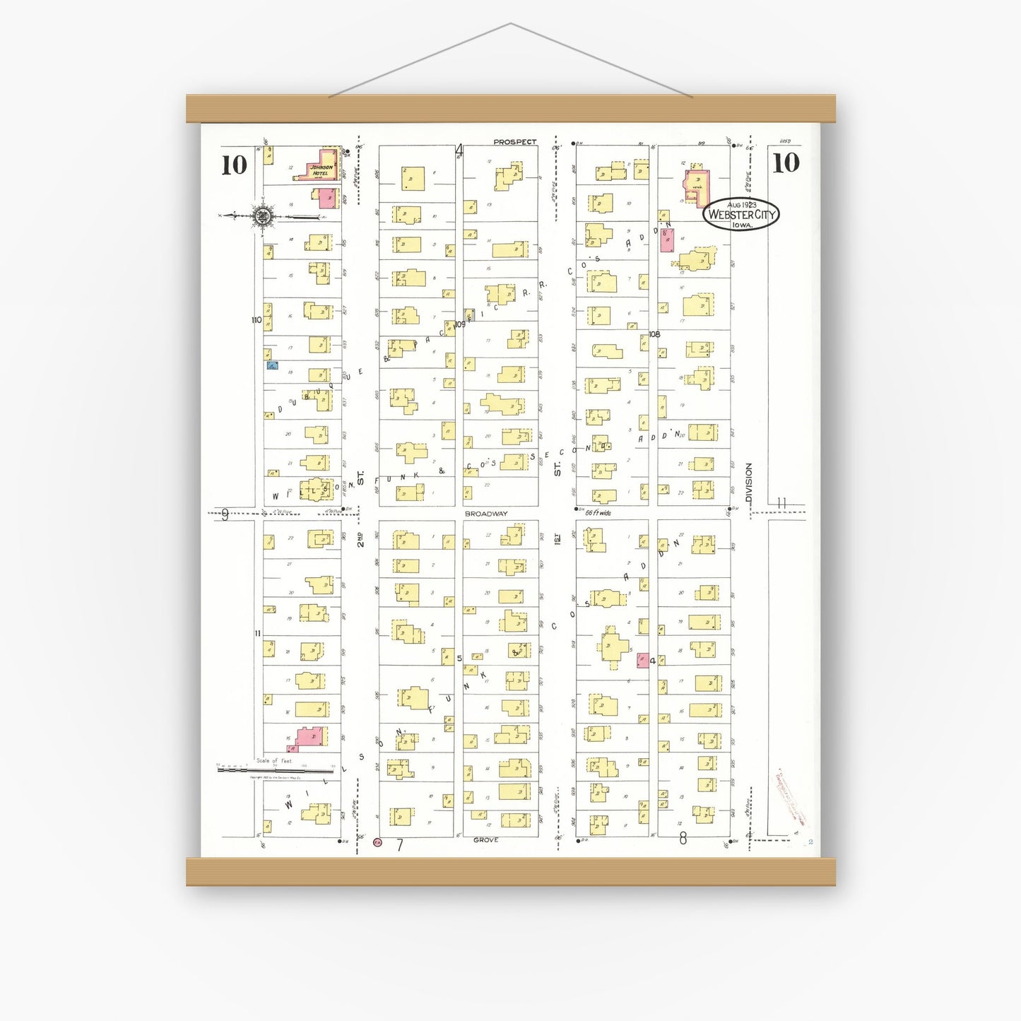 Old map wall art mockup — magnetic wood frame on white wall — Sanborn Fire Insurance Map from Webster City, Hamilton County, Iowa (1923), Sheet #0010
