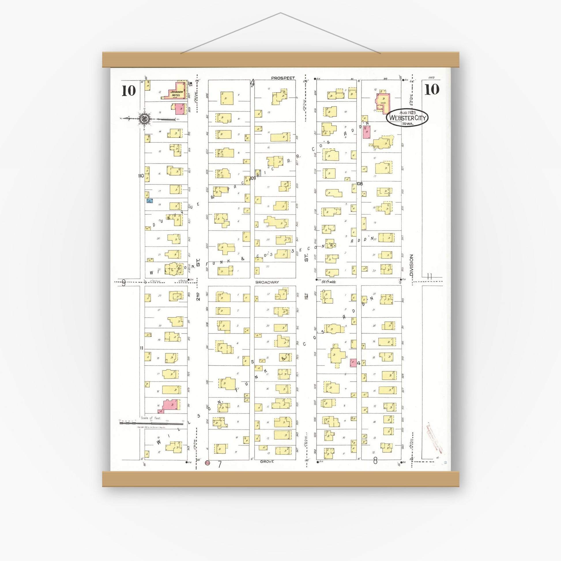 Old map wall art mockup — magnetic wood frame on white wall — Sanborn Fire Insurance Map from Webster City, Hamilton County, Iowa (1923), Sheet #0010