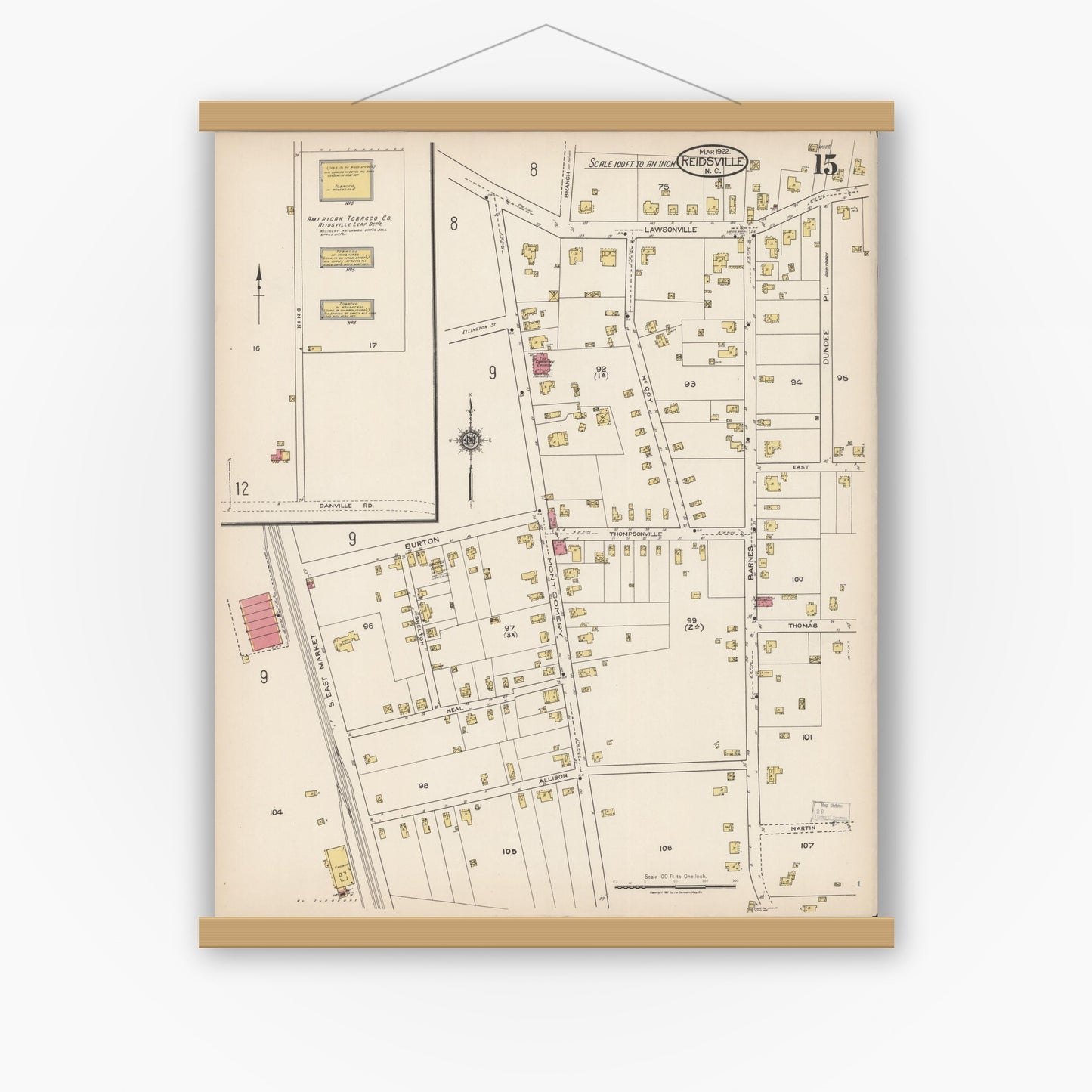 Old map wall art mockup — magnetic wood frame on white wall — Sanborn Fire Insurance Map from Reidsville, Rockingham County, North Carolina (1922), Sheet #0015