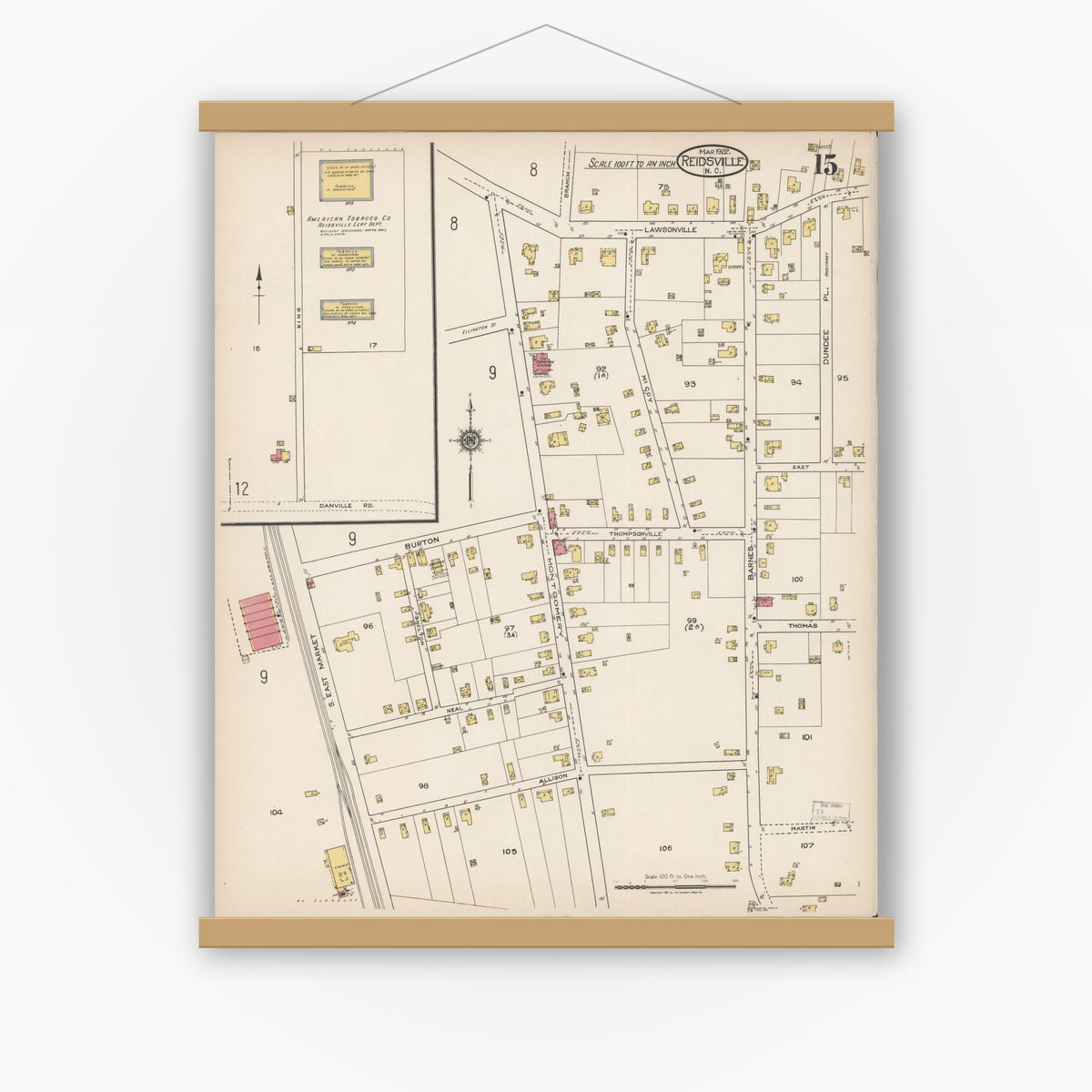 Old map wall art mockup — magnetic wood frame on white wall — Sanborn Fire Insurance Map from Reidsville, Rockingham County, North Carolina (1922), Sheet #0015