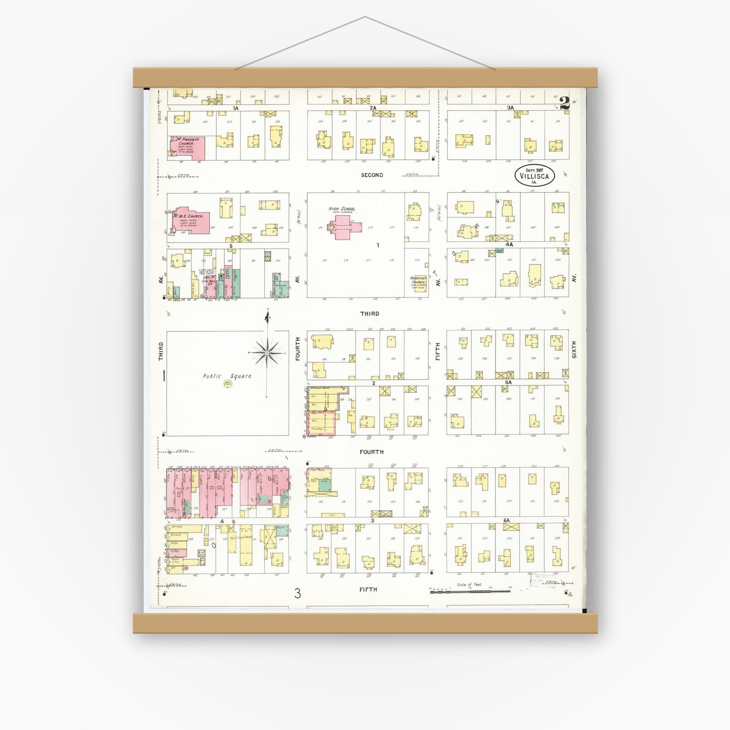 Old map wall art mockup — magnetic wood frame on white wall — Sanborn Fire Insurance Map from Villisca, Montgomery County, Iowa (1907), Sheet #0002