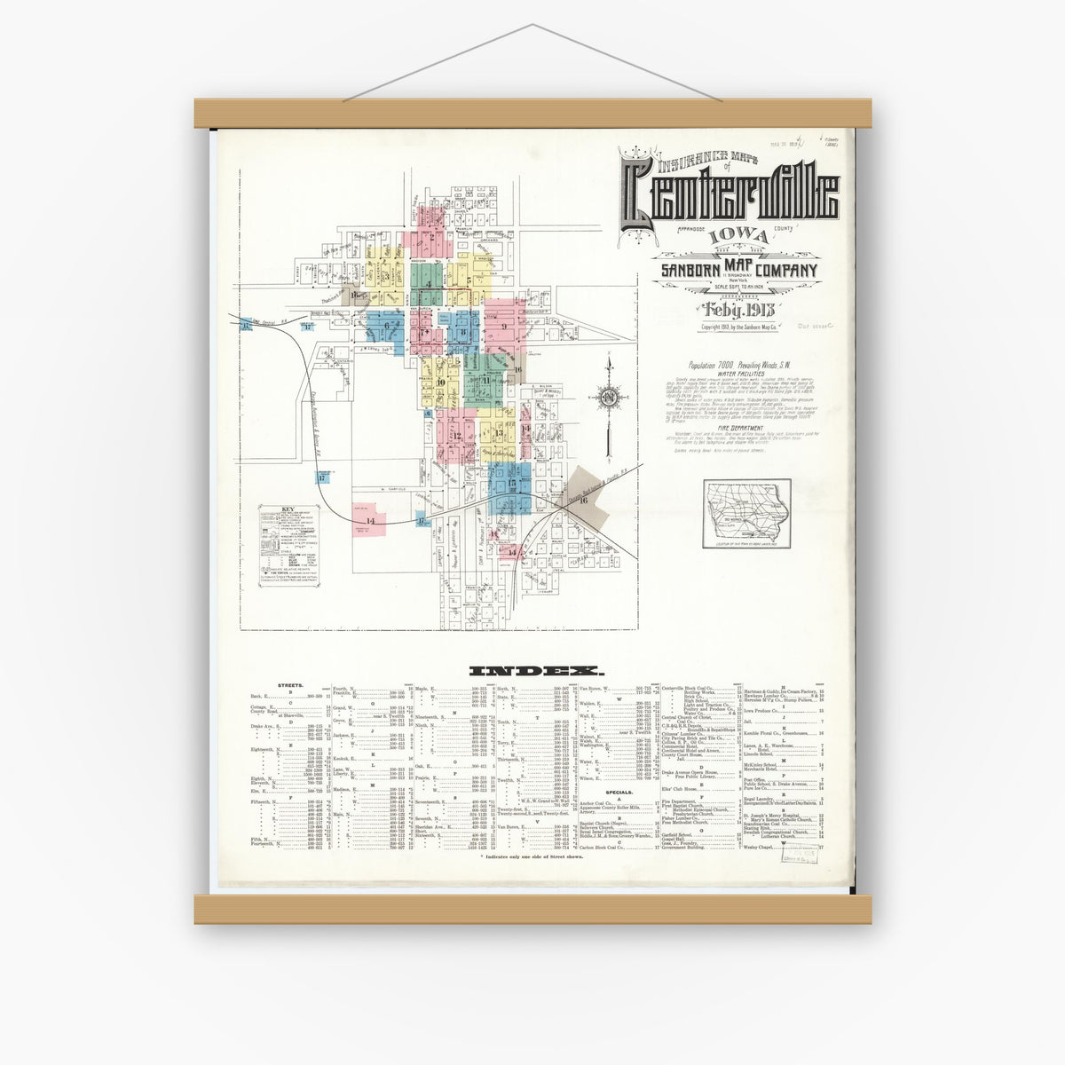 Old map wall art mockup — magnetic wood frame on white wall — Sanborn Fire Insurance Map from Centerville, Appanoose County, Iowa (1913) â€” Complete Set