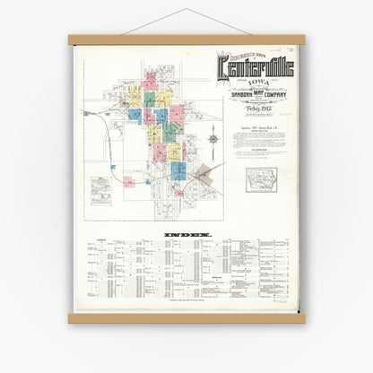 Old map wall art mockup — magnetic wood frame on white wall — Sanborn Fire Insurance Map from Centerville, Appanoose County, Iowa (1913) â€” Complete Set
