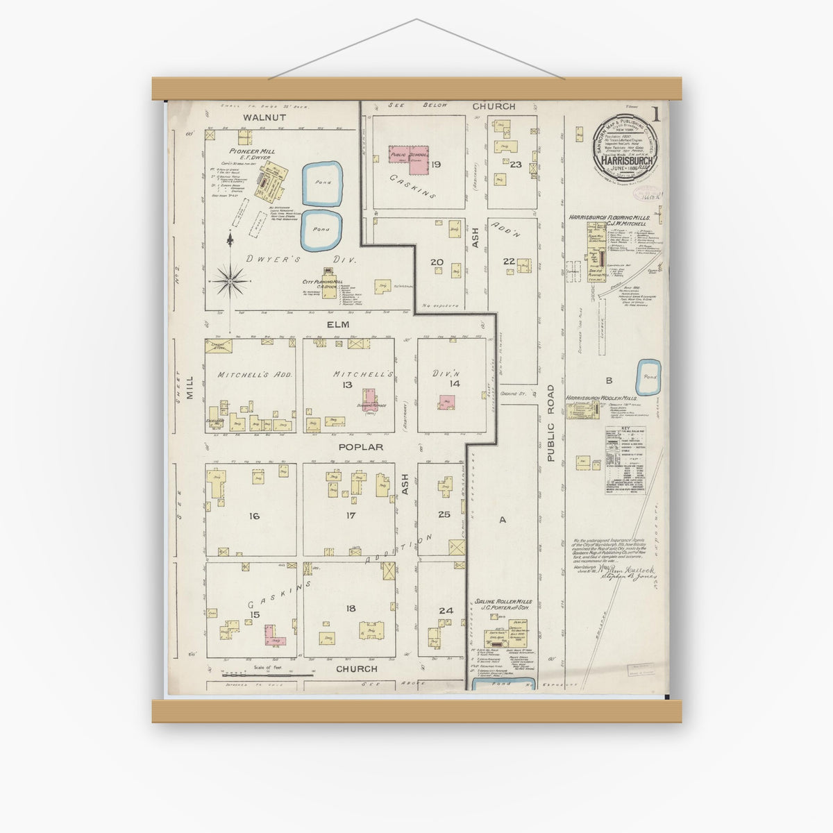 Old map wall art mockup — magnetic wood frame on white wall — Sanborn Fire Insurance Map from Harrisburg, Saline County, Illinois (1886) - Complete Map Set
