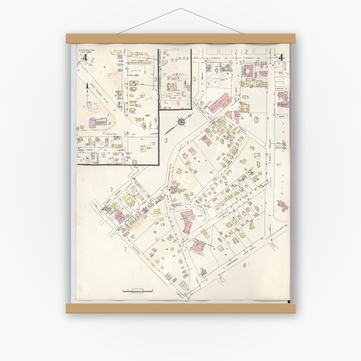 Old map wall art mockup — magnetic wood frame on white wall — Sanborn Fire Insurance Map from Kilgore, Gregg County, Texas (1950), Sheet #0004