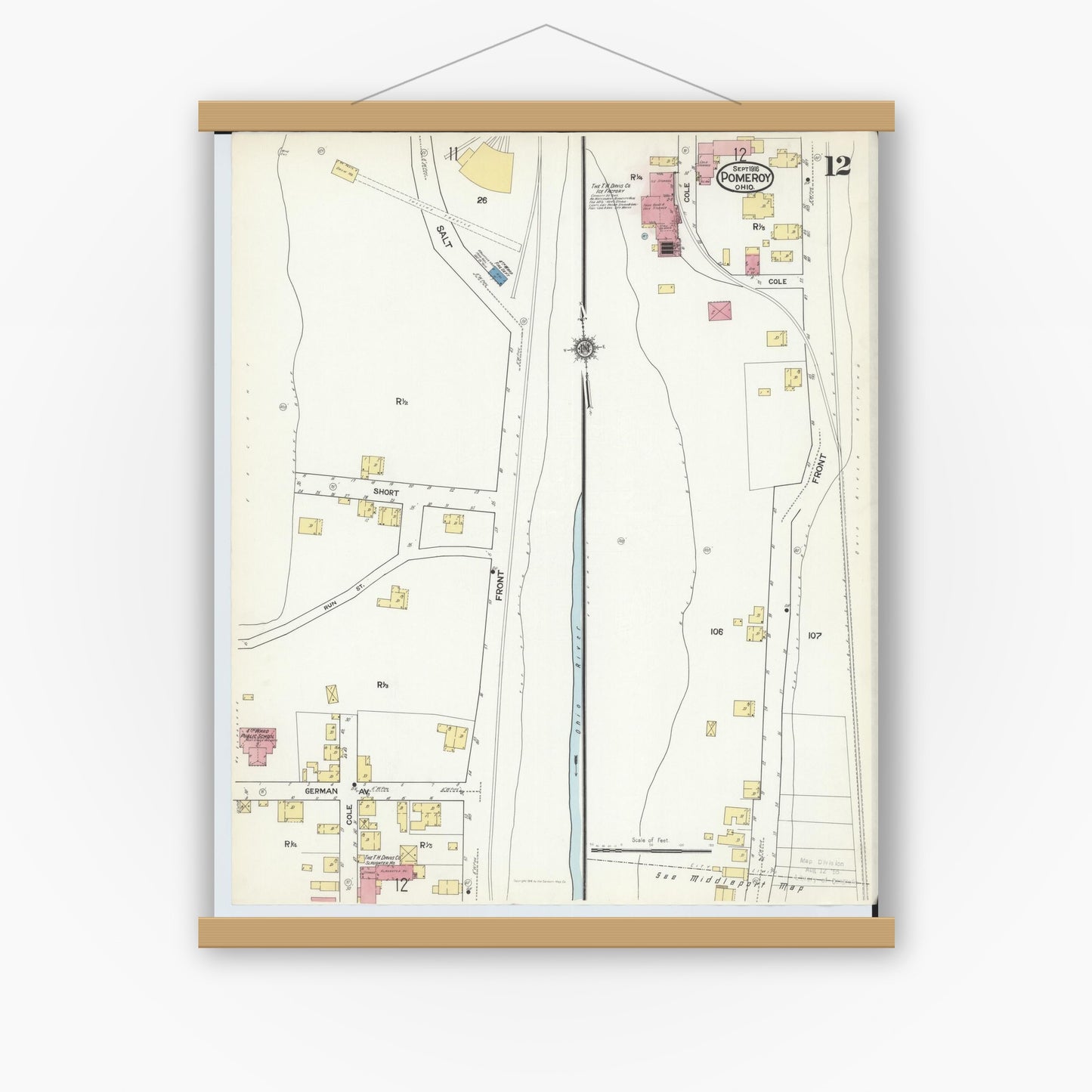Old map wall art mockup — magnetic wood frame on white wall — Sanborn Fire Insurance Map from Pomeroy, Meigs County, Ohio (1916), Sheet #0012