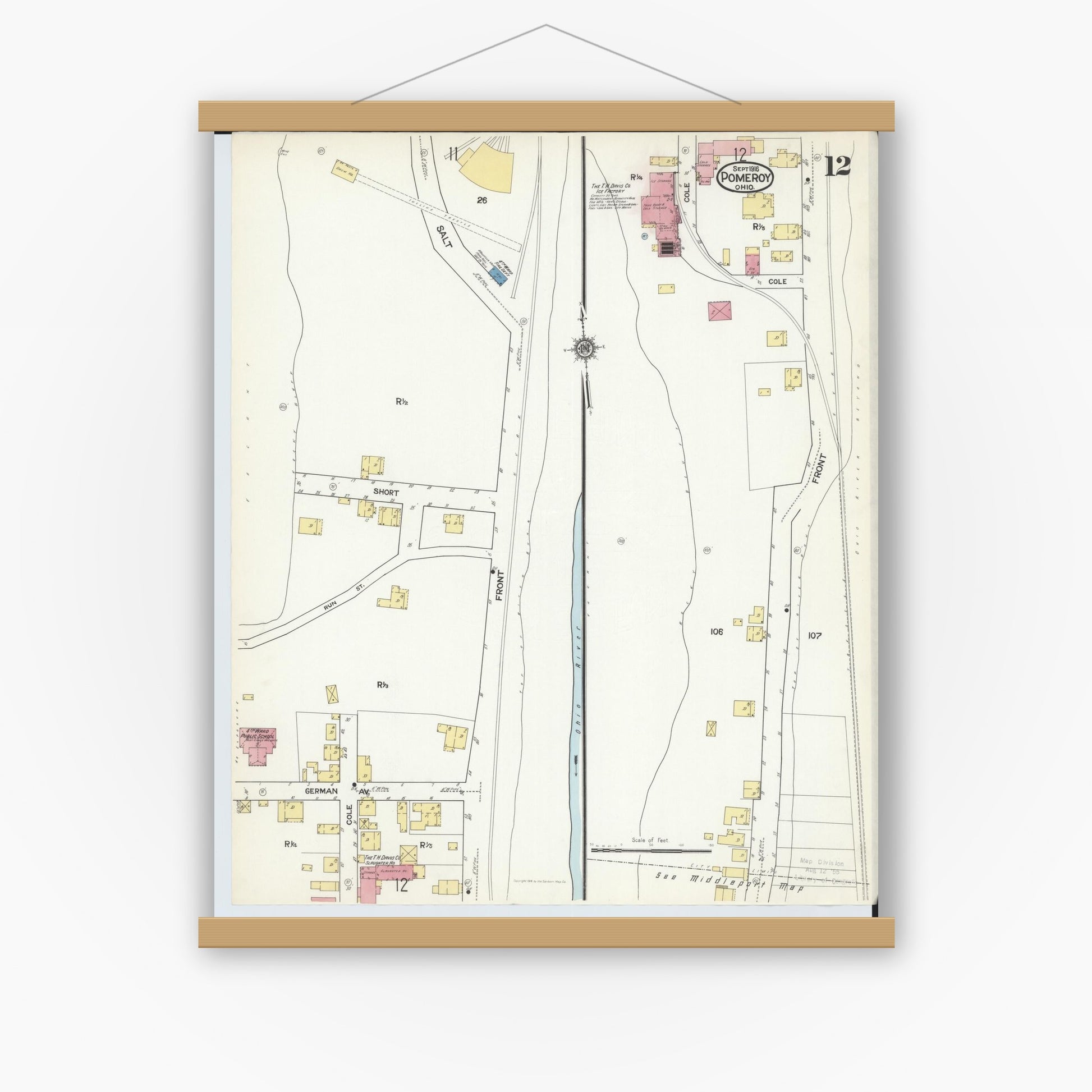 Old map wall art mockup — magnetic wood frame on white wall — Sanborn Fire Insurance Map from Pomeroy, Meigs County, Ohio (1916), Sheet #0012
