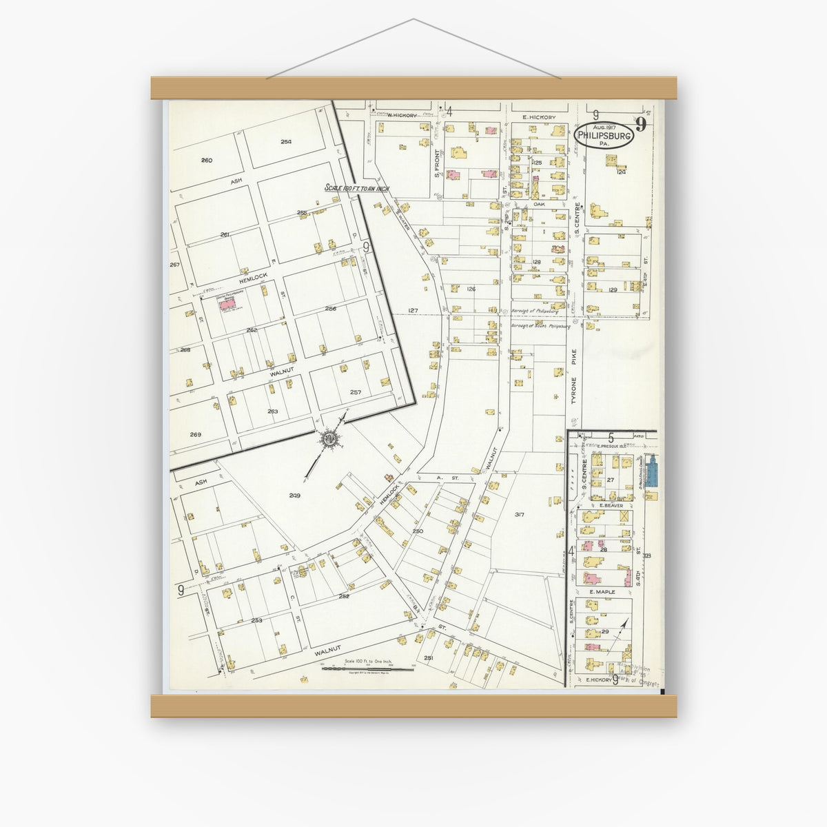 Old map wall art mockup — magnetic wood frame on white wall — Sanborn Fire Insurance Map from Philipsburg, Centre County, Pennsylvania (1917), Sheet #0009