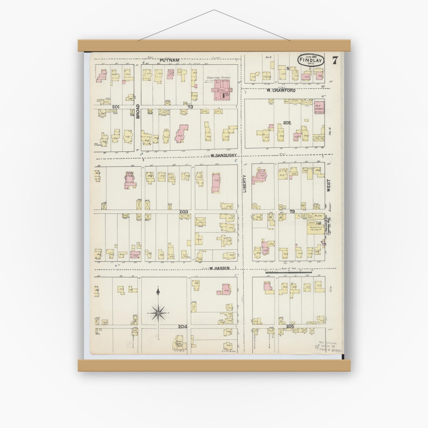 Old map wall art mockup — magnetic wood frame on white wall — Sanborn Fire Insurance Map from Findlay, Hancock County, Ohio (1890), Sheet #0007
