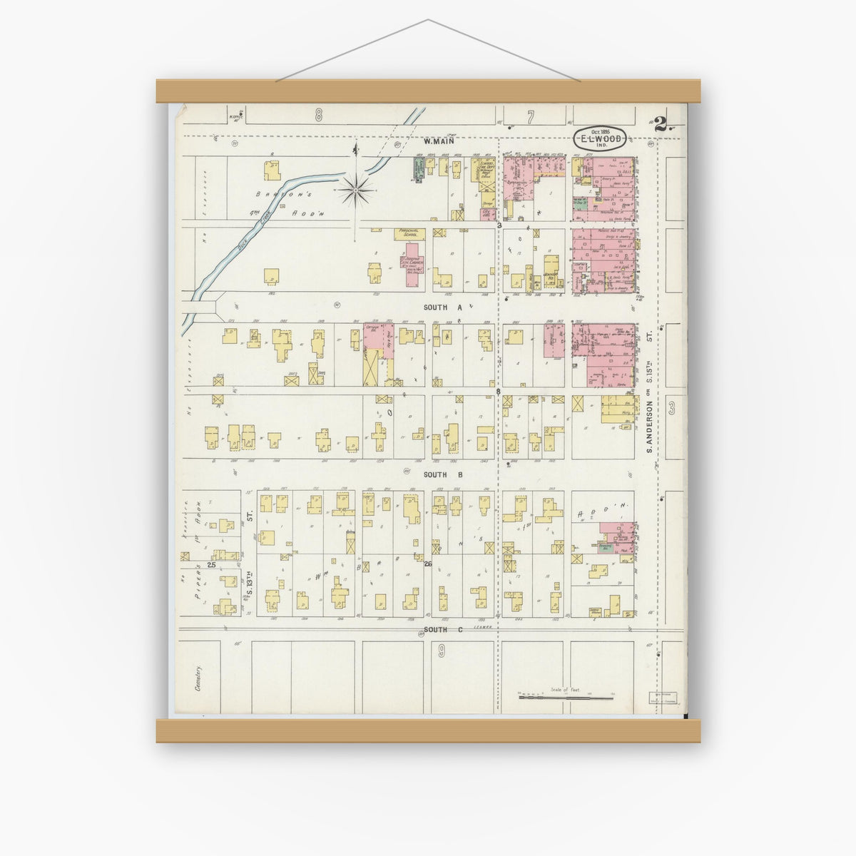 Old map wall art mockup — magnetic wood frame on white wall — Sanborn Fire Insurance Map from Elwood, Madison County, Indiana (1895), Sheet #0002