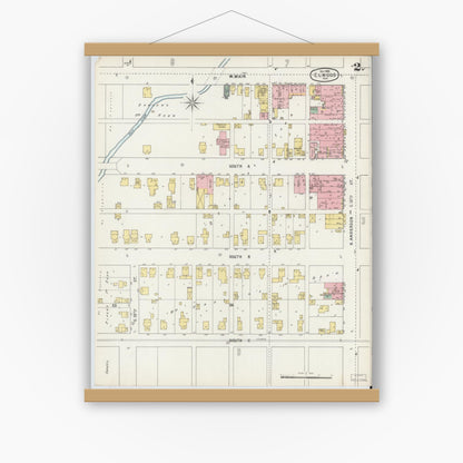 Old map wall art mockup — magnetic wood frame on white wall — Sanborn Fire Insurance Map from Elwood, Madison County, Indiana (1895), Sheet #0002