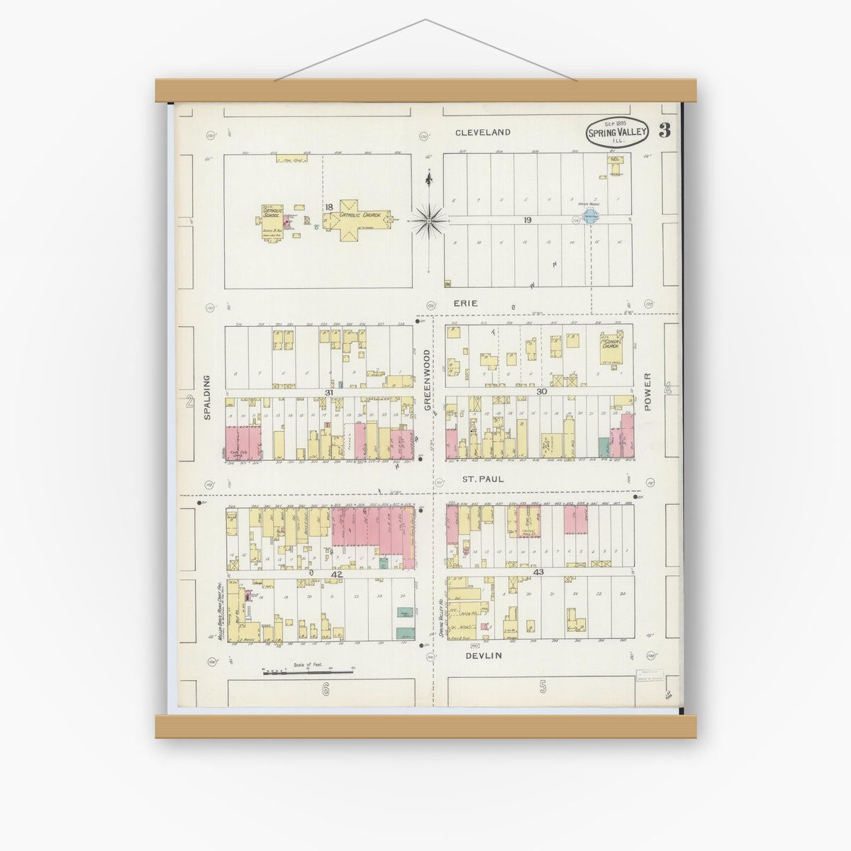 Old map wall art mockup — magnetic wood frame on white wall — Sanborn Fire Insurance Map from Spring Valley, Bureau County, Illinois (1893), Sheet #0003