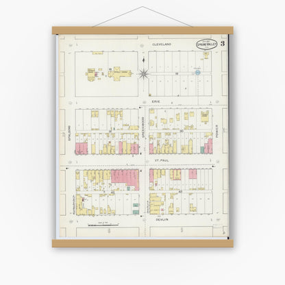 Old map wall art mockup — magnetic wood frame on white wall — Sanborn Fire Insurance Map from Spring Valley, Bureau County, Illinois (1893), Sheet #0003