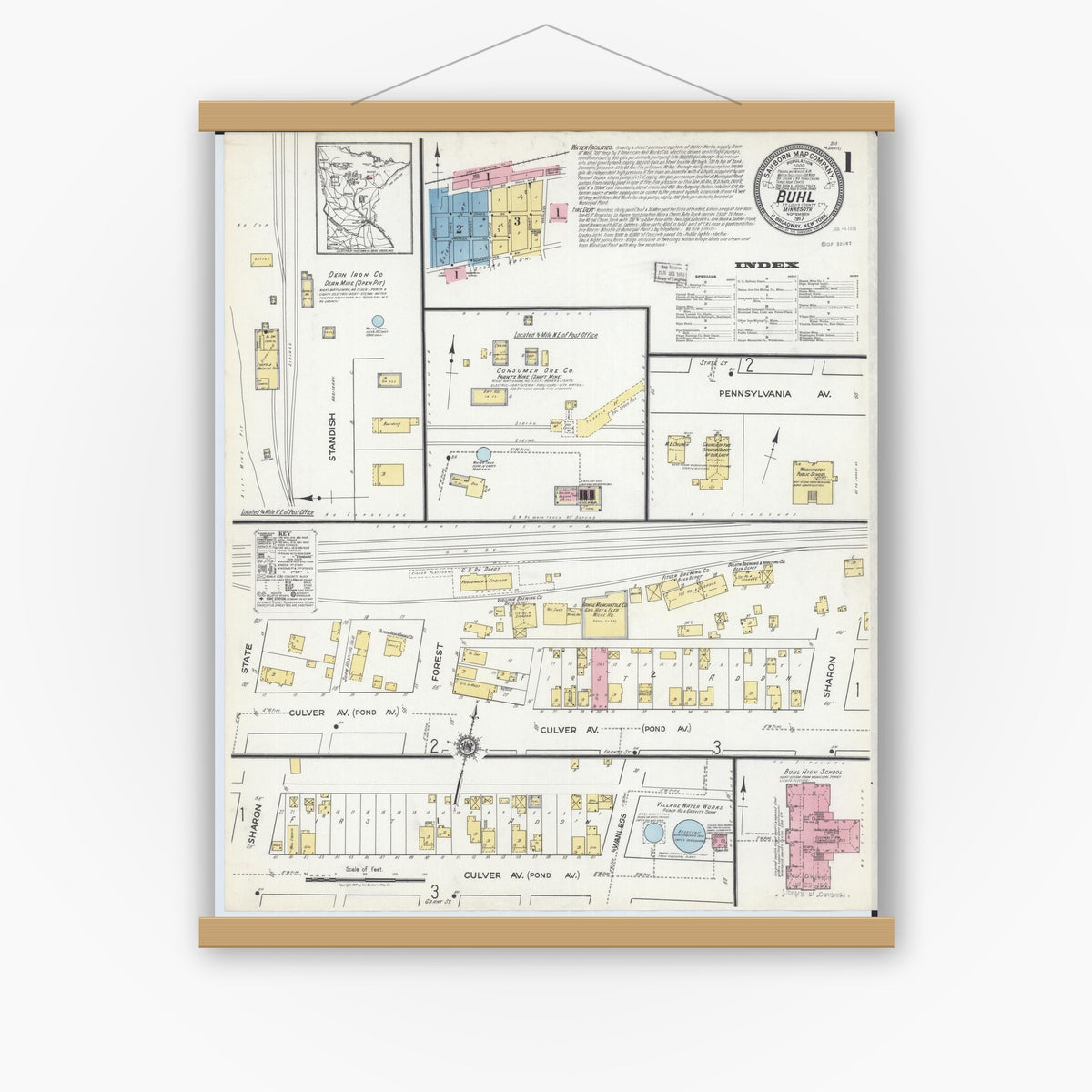 Old map wall art mockup — magnetic wood frame on white wall — Sanborn Fire Insurance Map from Buhl, Saint Louis County, Minnesota (1917) - Complete Map Set