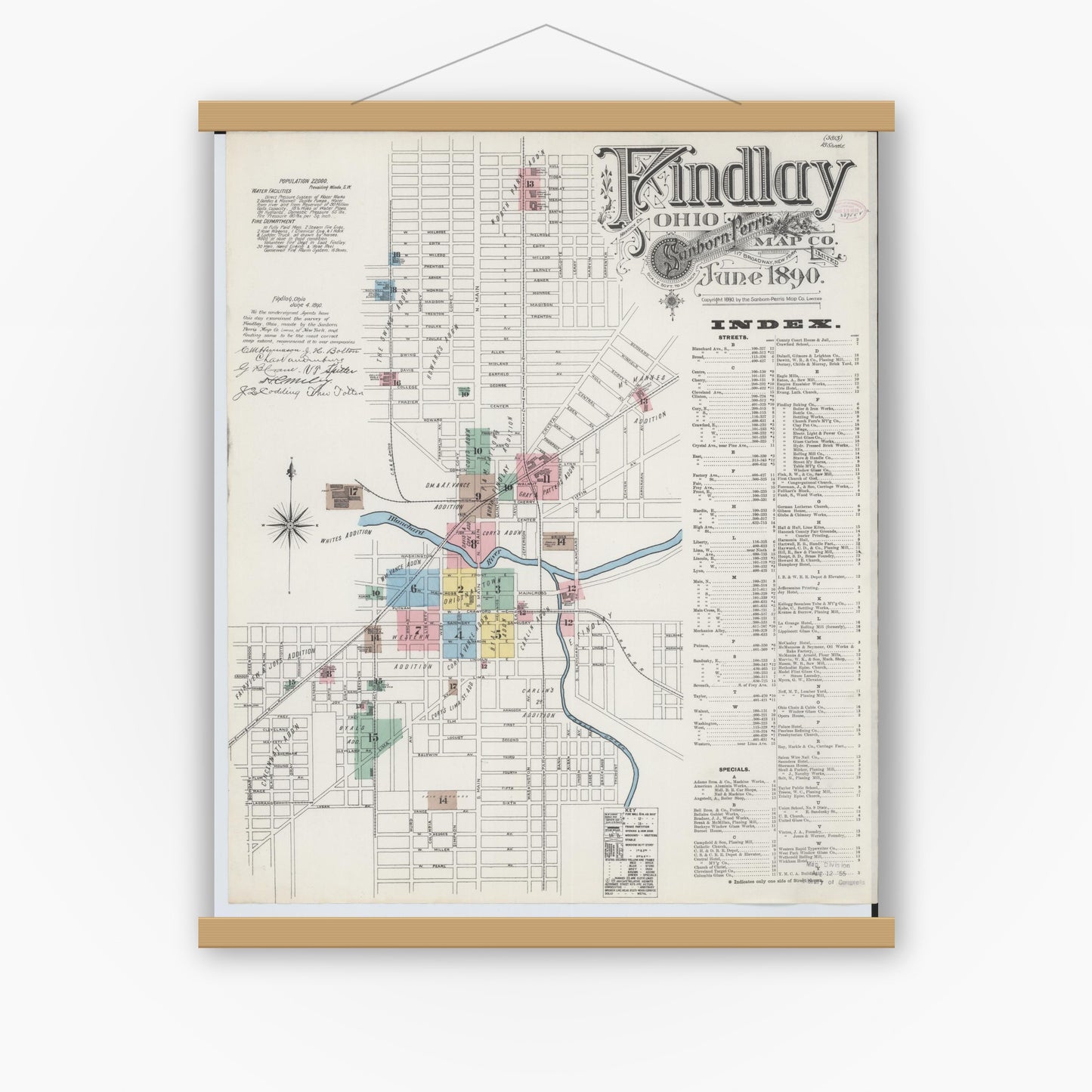 Old map wall art mockup — magnetic wood frame on white wall — Sanborn Fire Insurance Map from Findlay, Hancock County, Ohio (1890), Sheet #0001