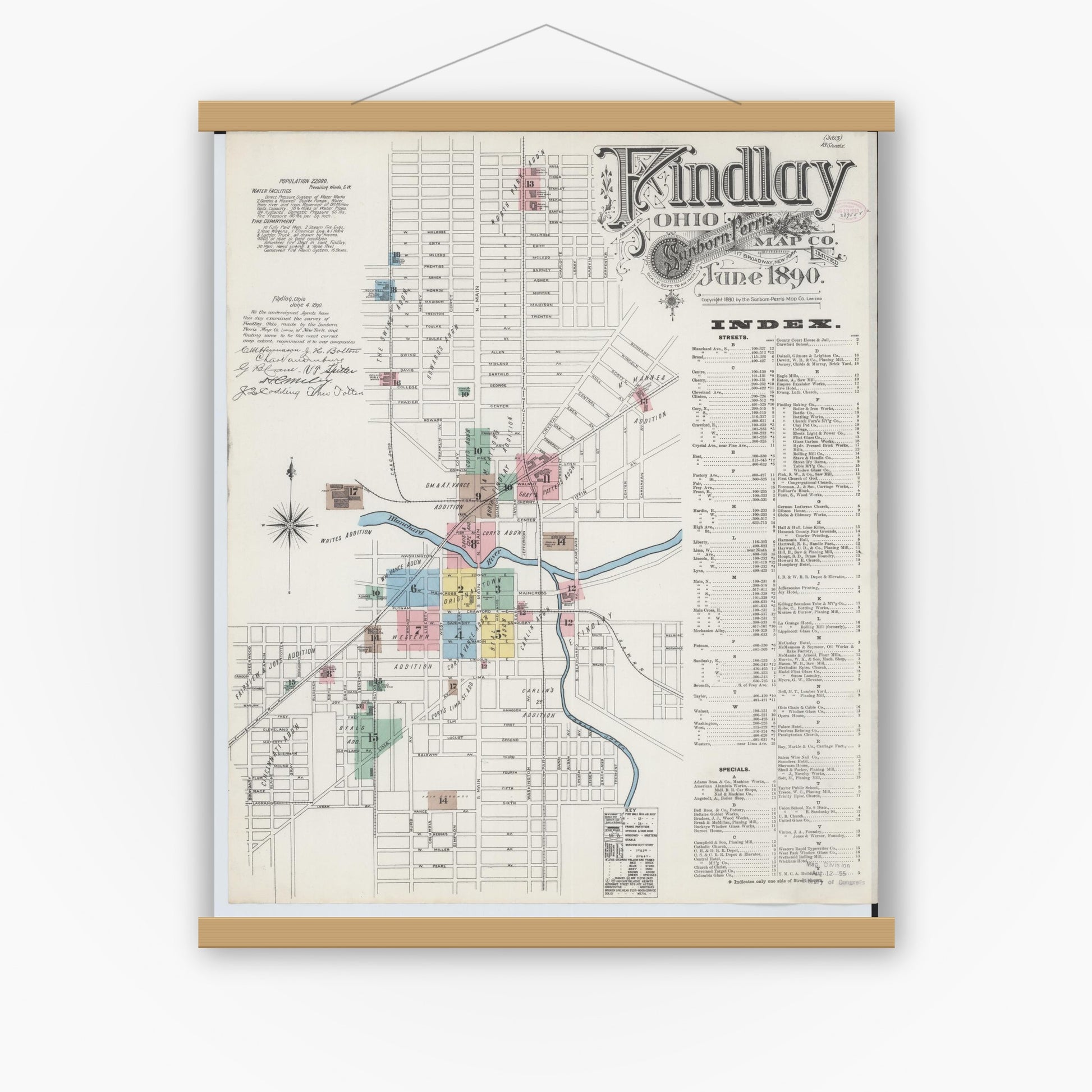 Old map wall art mockup — magnetic wood frame on white wall — Sanborn Fire Insurance Map from Findlay, Hancock County, Ohio (1890), Sheet #0001