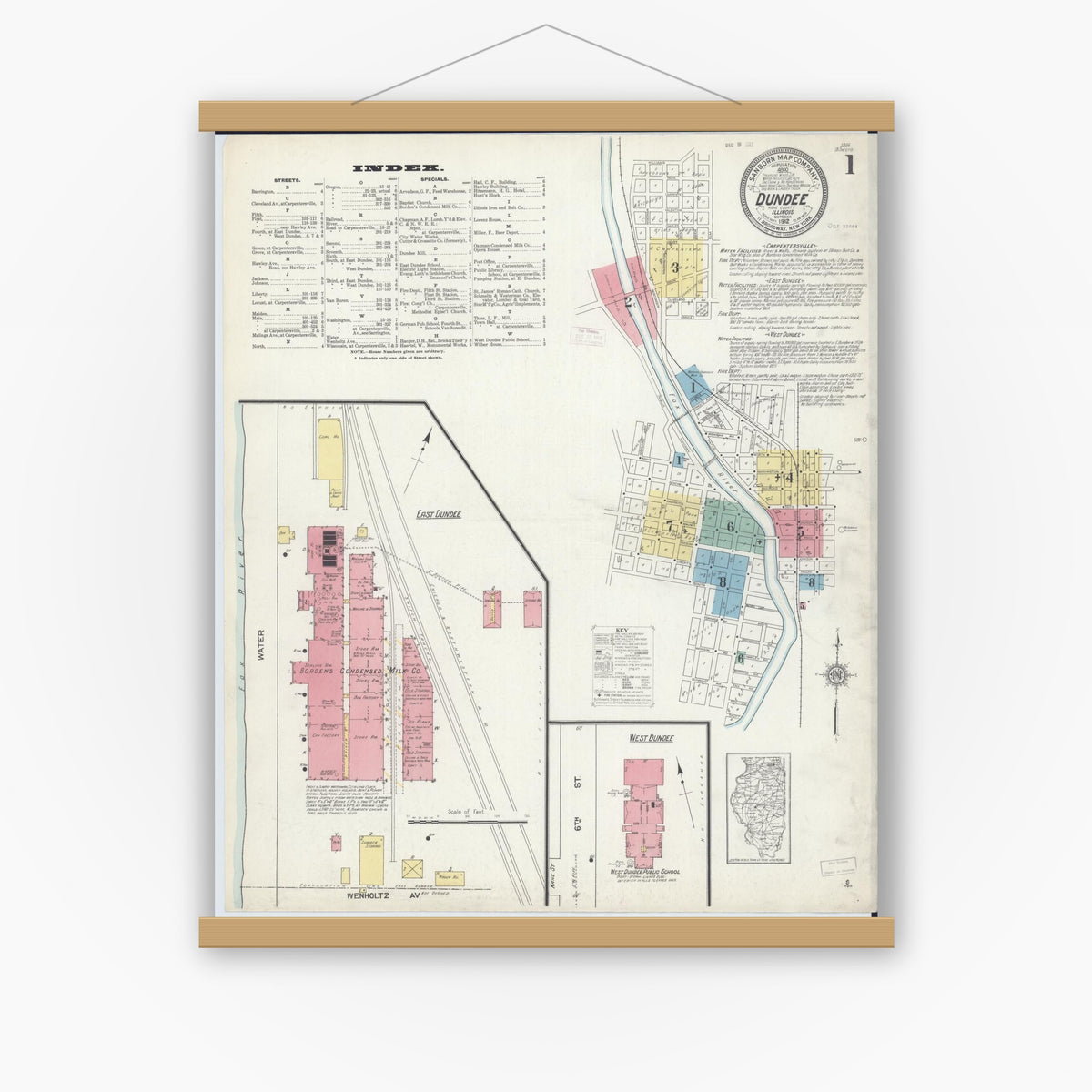 Old map wall art mockup — magnetic wood frame on white wall — Sanborn Fire Insurance Map from Dundee, Kane County, Illinois (1912), Sheet #0001