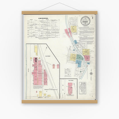 Old map wall art mockup — magnetic wood frame on white wall — Sanborn Fire Insurance Map from Dundee, Kane County, Illinois (1912), Sheet #0001