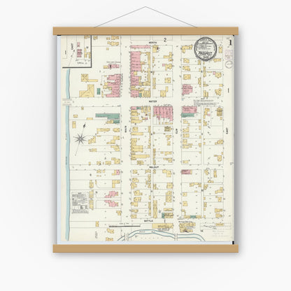 Old map wall art mockup — magnetic wood frame on white wall — Sanborn Fire Insurance Map from Prospect, Marion County, Ohio (1901), Sheet #0001