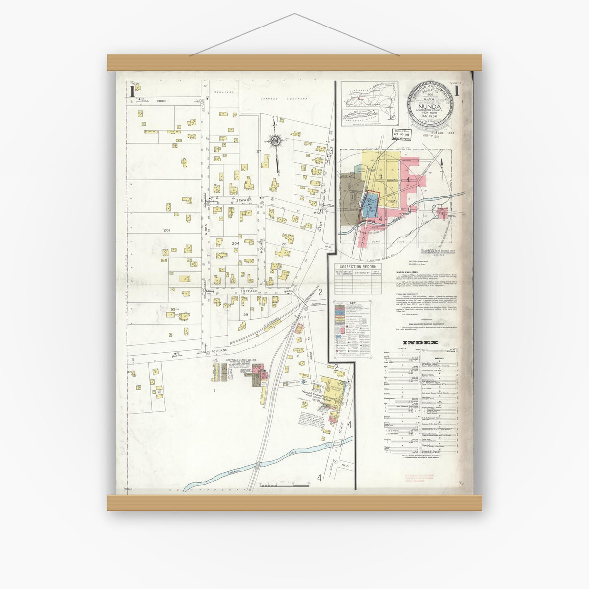 Old map wall art mockup — magnetic wood frame on white wall — Sanborn Fire Insurance Map from Nunda, Livingston County, New York (1936), Sheet #0001