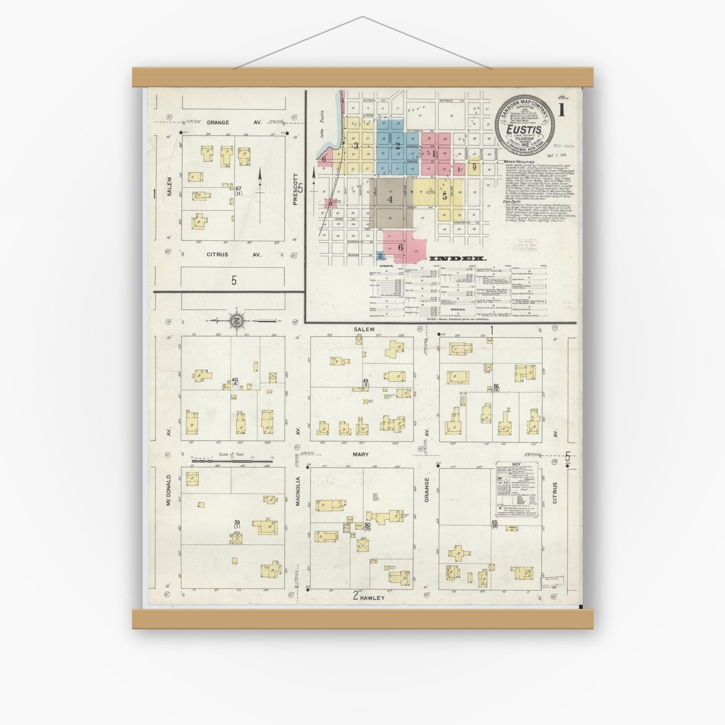 Old map wall art mockup — magnetic wood frame on white wall — Sanborn Fire Insurance Map from Eustis, Lake County, Florida (1912), Sheet #0001