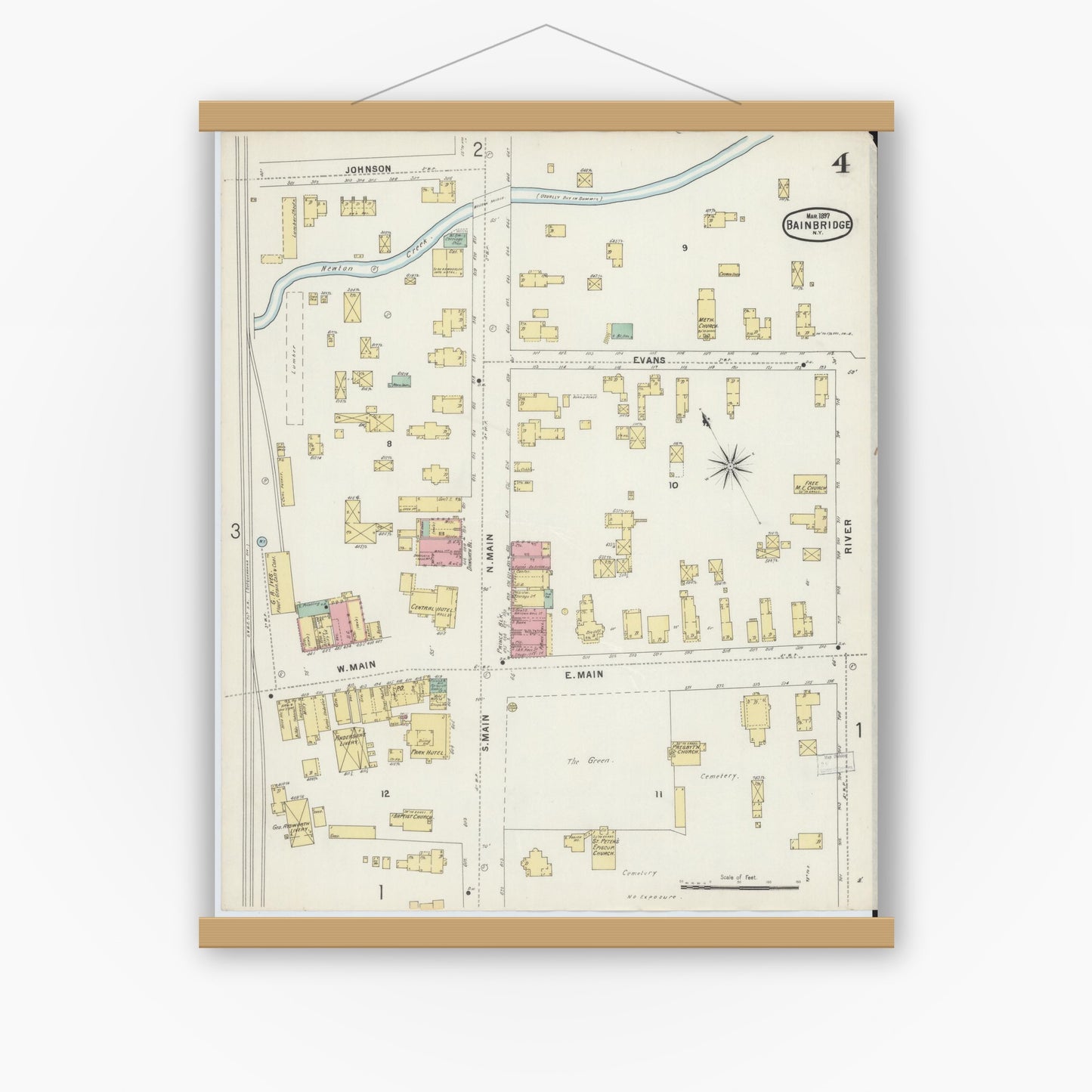 Old map wall art mockup — magnetic wood frame on white wall — Sanborn Fire Insurance Map from Bainbridge, Chenango County, New York (1897), Sheet #0004