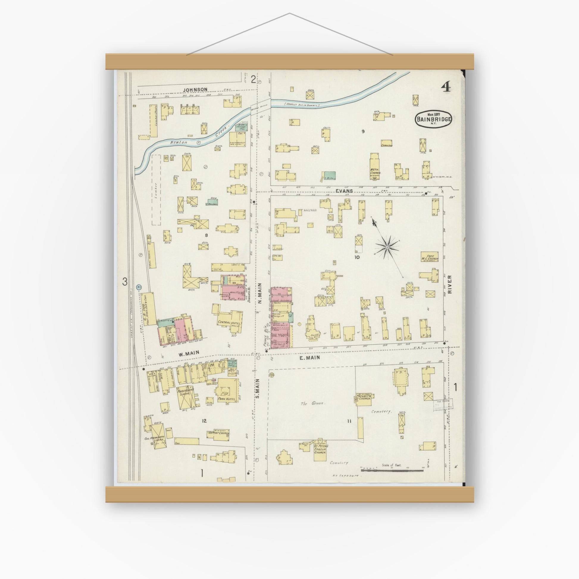 Old map wall art mockup — magnetic wood frame on white wall — Sanborn Fire Insurance Map from Bainbridge, Chenango County, New York (1897), Sheet #0004