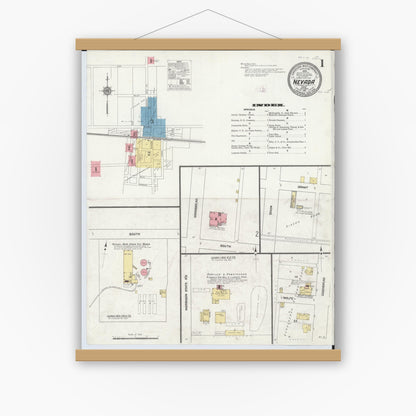 Old map wall art mockup — magnetic wood frame on white wall — Sanborn Fire Insurance Map from Nevada, Wyandot County, Ohio (1911) - Complete Map Set
