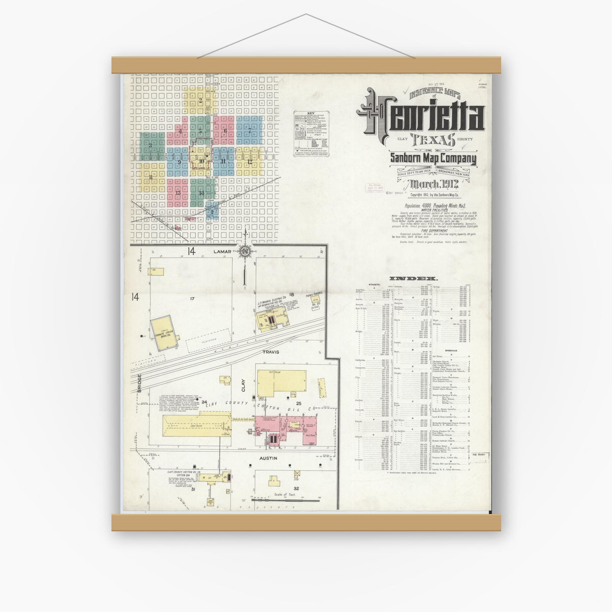 Old map wall art mockup — magnetic wood frame on white wall — Sanborn Fire Insurance Map from Henrietta, Clay County, Texas (1912) - Complete Map Set