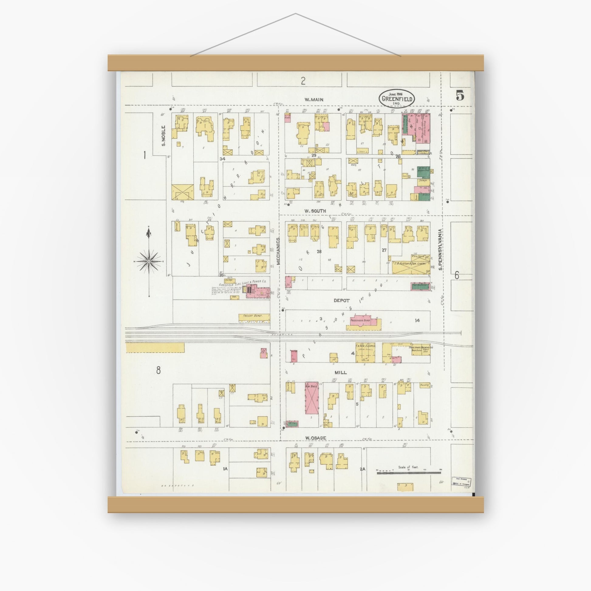 Old map wall art mockup — magnetic wood frame on white wall — Sanborn Fire Insurance Map from Greenfield, Hancock County, Indiana (1906), Sheet #0005