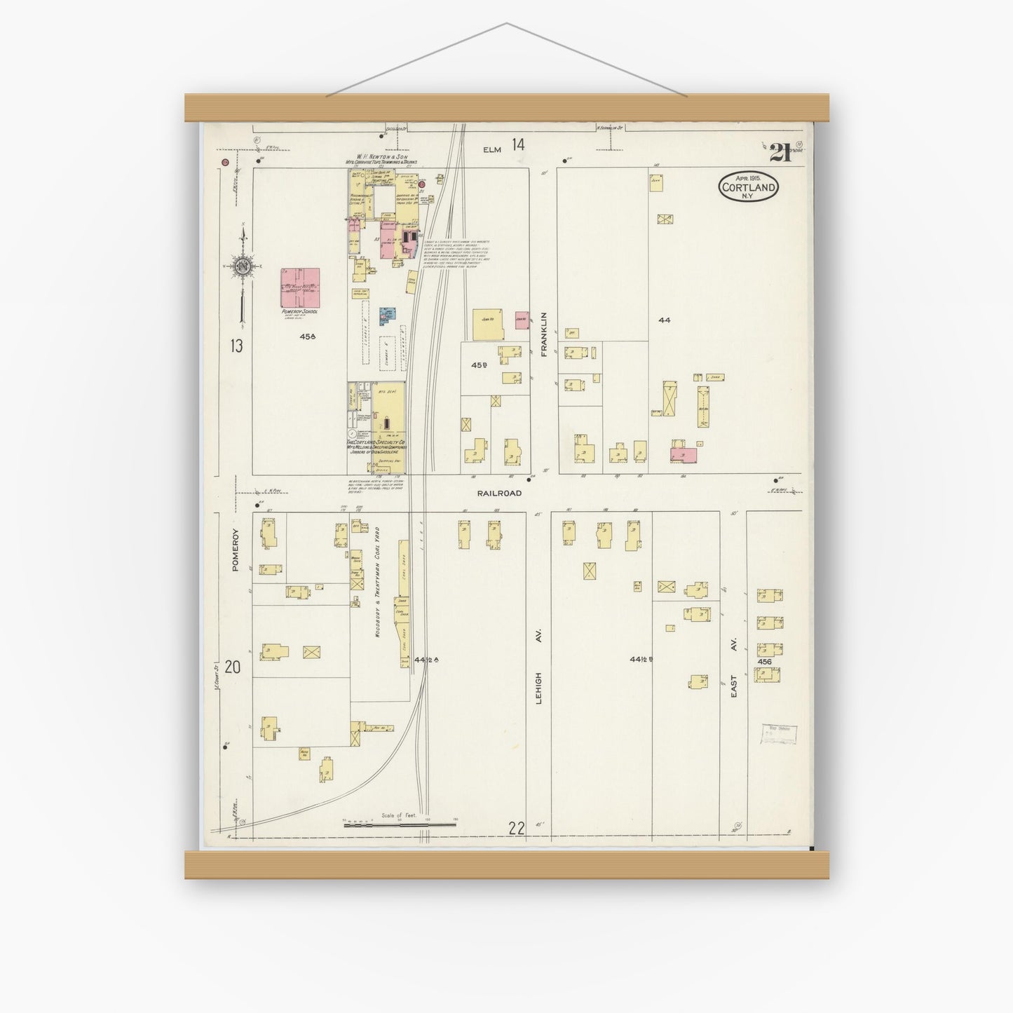 Old map wall art mockup — magnetic wood frame on white wall — Sanborn Fire Insurance Map from Cortland, Cortland County, New York (1915), Sheet #0021