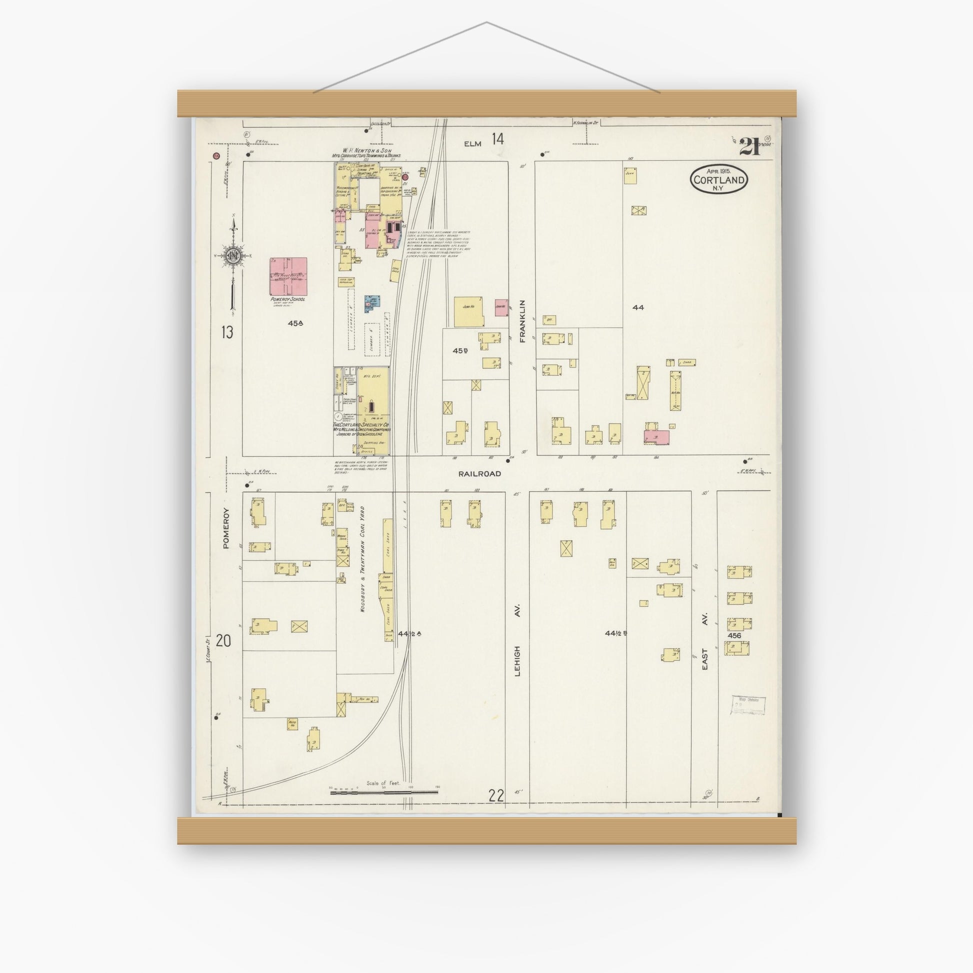Old map wall art mockup — magnetic wood frame on white wall — Sanborn Fire Insurance Map from Cortland, Cortland County, New York (1915), Sheet #0021