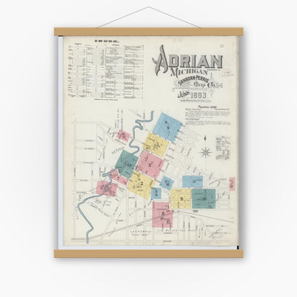 Old map wall art mockup — magnetic wood frame on white wall — Sanborn Fire Insurance Map from Adrian, Lenawee County, Michigan (1893) - Complete Map Set
