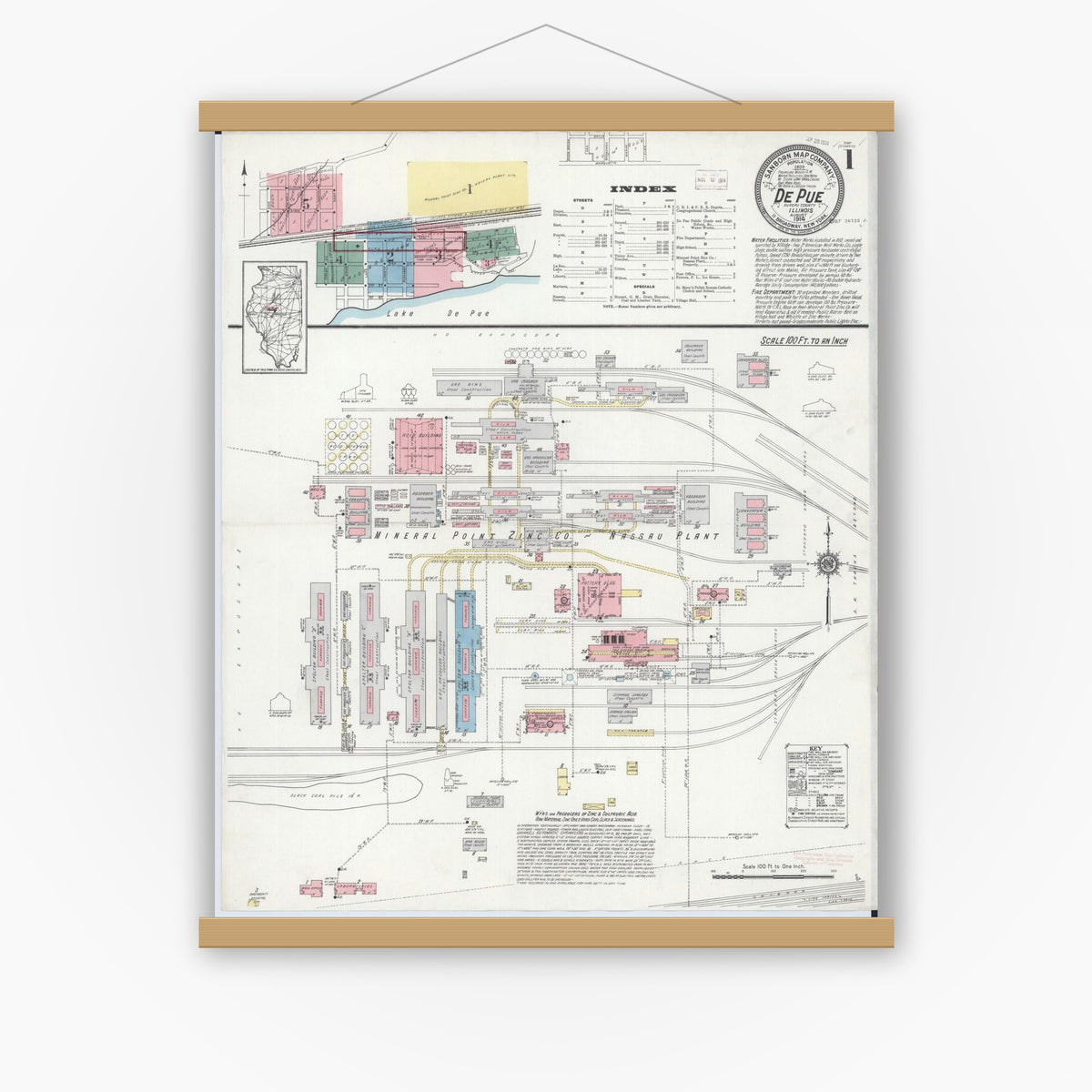 Old map wall art mockup — magnetic wood frame on white wall — Sanborn Fire Insurance Map from De Pue, Bureau County, Illinois (1914), Sheet #0001