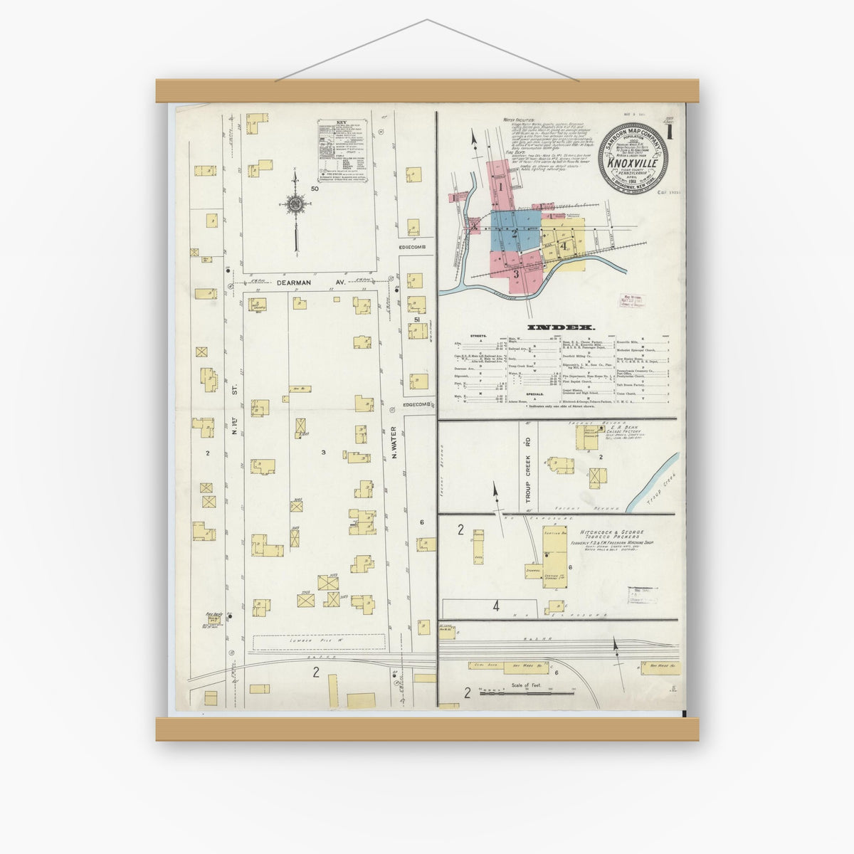 Old map wall art mockup — magnetic wood frame on white wall — Sanborn Fire Insurance Map from Knoxville, Tioga County, Pennsylvania (1911) - Complete Map Set