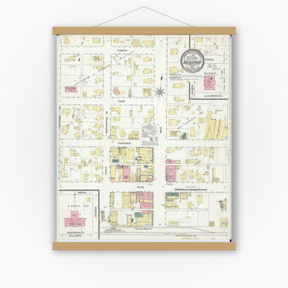 Old map wall art mockup — magnetic wood frame on white wall — Sanborn Fire Insurance Map from Bridgeport, Lawrence County, Illinois (1909), Sheet #0001